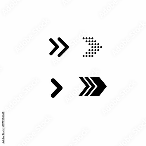 Set of four minimalist black arrow icons including double chevrons, dotted directionals, and bold pointers, conceptualizing fast forward, navigation, and digital interface progress