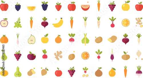 Fruits and Vegetables Icons Mega Set with Apple Banana Grape Carrot Potato Citrus and Root Crops for Healthy Food and Nutrition Design Collection.