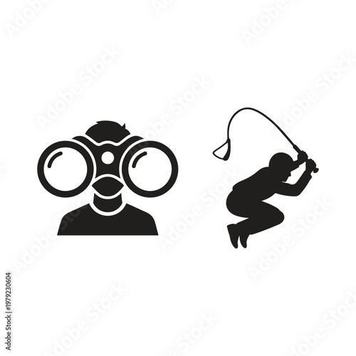 Black silhouette icons of person using binoculars and figure swinging on a rope with binoculars