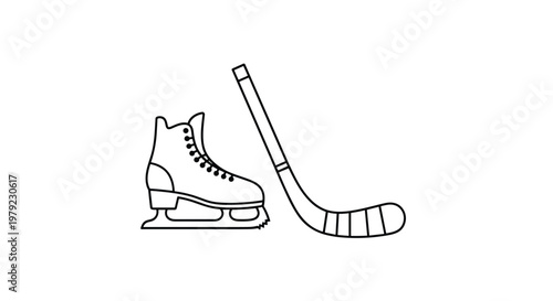 A minimalist black outline illustration features a single ice skate and a hockey stick positioned side by side on a stark white background for sports.