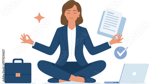 Businesswoman sitting in lotus pose meditating at work with laptop and briefcase for office stress management and mental wellness