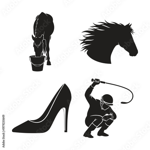 Equestrian horse racing silhouette icon collection with equestrian silhouette competition
