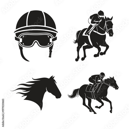 Equestrian horse racing silhouette icons set including helmet and jockeys with equestrian, isolated