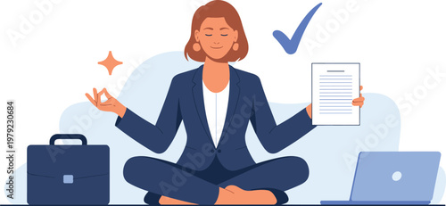 Businesswoman sitting in lotus pose meditating at work with laptop and briefcase for office stress management and mental wellness