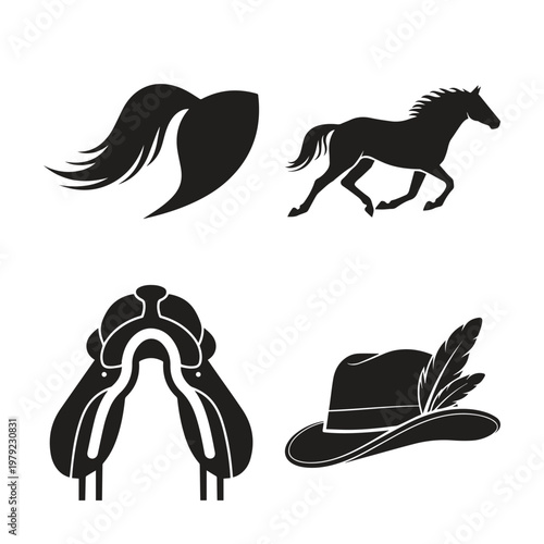 Vintage equestrian theme graphics featuring horse tail saddle and feathered hat, equestrian