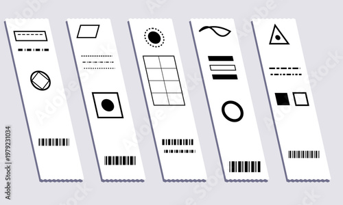 Hand-drawn isometric paper receipts with geometric icons and barcode elements on light grey background illustration
