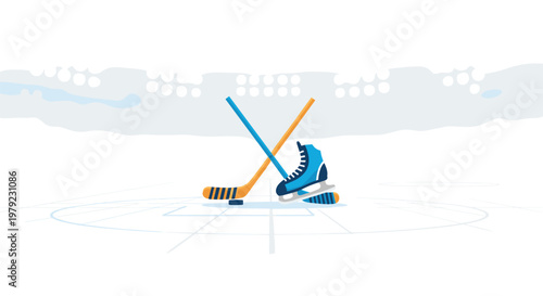 Two crossed hockey sticks and a single blue ice skate rest on a stylized ice rink surface under bright stadium lights with a clean and modern aesthetic.