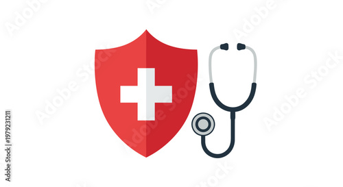 A bold and vibrant red shield marked with a white cross is positioned alongside a sleek dark grey stethoscope on a pristine and minimalist white surface.