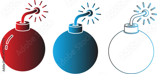 Vector art illustration of three molotov cocktails explosive devices in red blue and transparent styles