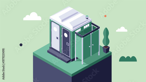Isometric view of a green portable toilet cabin with a privacy screen situated on a patch of grass with clouds and a tree.