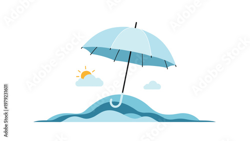 Light blue umbrella protecting a sand dune on a beach during a sunny day with clouds and sun in the background.