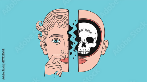 Surreal art showing a human face split down the middle to reveal a white skull inside against a solid blue background.