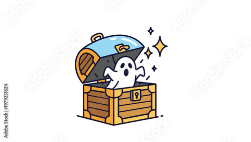 Spooky white cartoon ghost popping out of an open treasure chest with sparkling gold stars and a blue lid decoration.