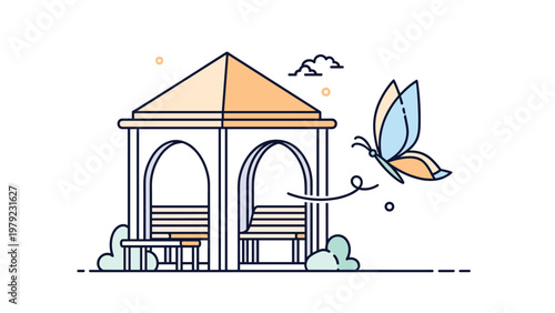 Elegant garden gazebo structure with benches and a butterfly flying nearby in a serene park or outdoor setting scene.
