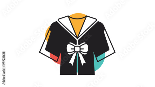 Iconic black and white sailor style school uniform jacket featuring a prominent bow and colorful circular background.