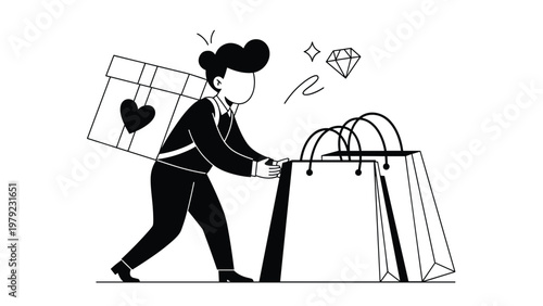 Silhouette of a person carrying a large gift box on their back while reaching for several full shopping bags and gems.