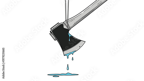 Metal axe head with a wooden handle is shown dripping blue liquid onto a small puddle on a clean white background.