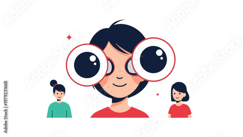 Stylized girl character with oversized cartoon eyes staring forward between two smaller figures on a white background.