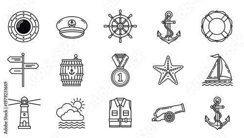 Set of black and white line icons with a maritime theme including anchors, ships, lighthouses, and nautical equipment.
