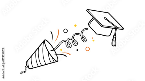 Graduation mortarboard cap floats in the air near an exploding party popper with colorful confetti and a spiral streamer.