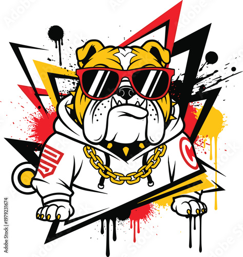 Cool Bulldog Streetwear Mascot Vector Illustration with Sunglasses Gold Chain Urban Graffiti Style Dog Character Design