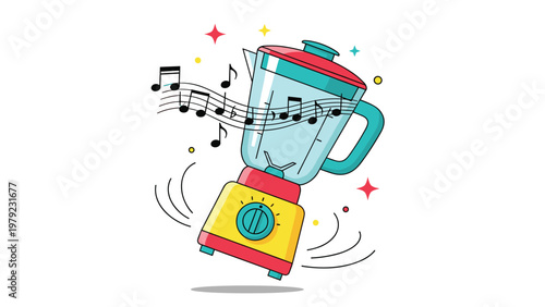 Vibrant kitchen blender with music notes flowing from it appears to be dancing or vibrating with energy and bright stars.