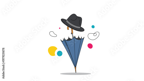 Black fedora hat rests on the handle of a closed blue umbrella surrounded by abstract colorful shapes and white clouds.