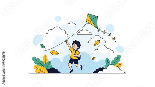 Young boy running joyfully while flying a green and yellow kite in a park filled with clouds, trees, and falling autumn leaves.