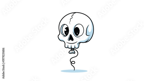 Cartoonish white human skull depicted as a floating balloon with a string tied at the base against a clean white background.