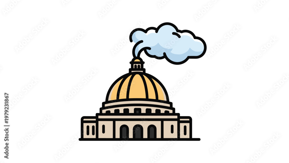Obraz premium Stylized illustration of a domed government or historical building with a large white cloud emerging from its chimney.