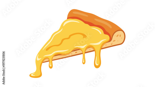 Appetizing slice of pizza with thick melting yellow cheese dripping over the crust edges is shown in a colorful illustration.