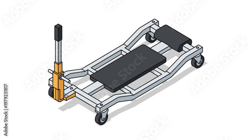 Industrial isometric illustration of a specialized metal dolly or hydraulic lift device with wheels and a vertical handle.