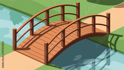 Charming wooden arched footbridge crosses over a calm blue stream in a green park with shadows cast on the grassy bank.