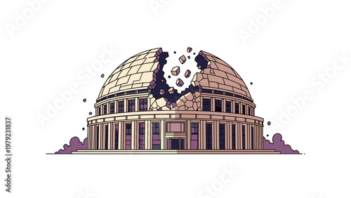Illustration of a majestic classical dome building experiencing a dramatic structural collapse with stone debris flying.