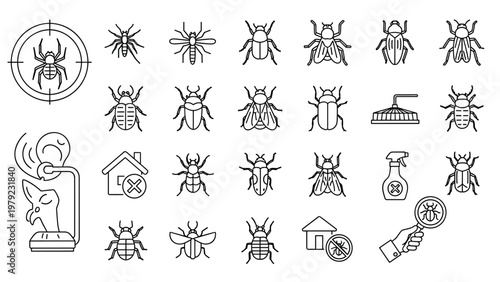 Comprehensive collection of pest control icons featuring various insects like cockroaches, flies, and beetles with extermination symbols.