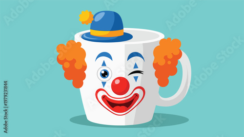 Creative white ceramic mug decorated with a colorful clown face, orange hair, and a small blue hat against a teal background.
