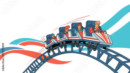 Thrilling roller coaster ride with happy people screaming and enjoying the speed on a blue and red track illustration.