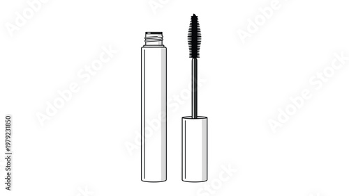 Detailed line drawing of a mascara container tube and its applicator wand with a thick brush on a white background.