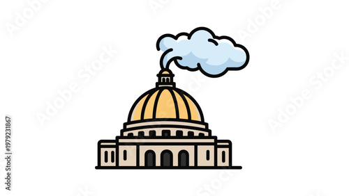 Stylized illustration of a domed government or historical building with a large white cloud emerging from its chimney.