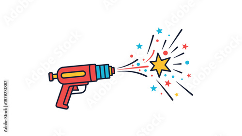 Colorful toy ray gun shooting out a bright yellow star with sparks and colorful dots in a comic book style illustration.