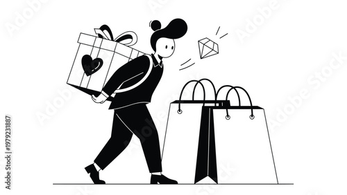 Black and white illustration of a woman carrying a huge gift box with a heart on her back next to two large shopping bags.