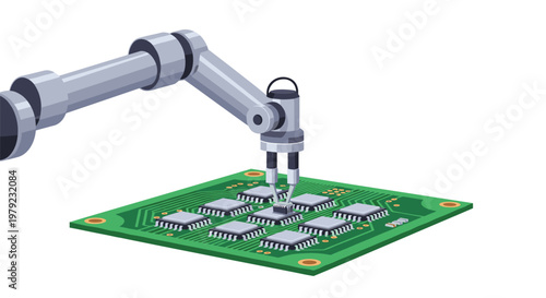 A sophisticated robotic arm equipped with a specialized gripper is carefully placing a small microchip onto a green printed circuit board with components.