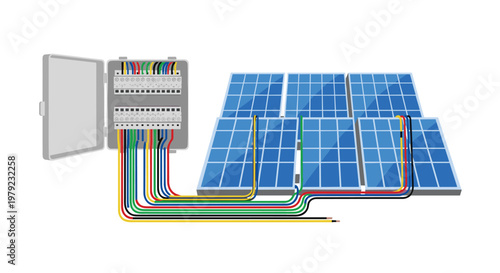 Technical illustration of photovoltaic solar panel array connected to a central electrical distribution box with vibrant multi-colored wiring on white background.