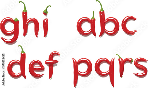 Chili Pepper Words Vector Illustration with Red Hot Chili Typography ABC GHI DEF PQR Creative Spicy Food Lettering Design