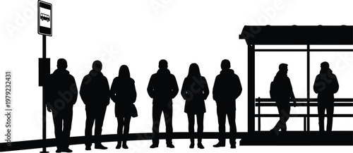 Diverse group of people silhouetted, patiently waiting for public transportation at a busy urban bus stop during the daily commute