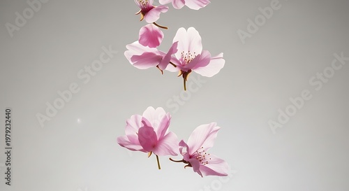 Delicate Pink Sakura Petals and Blooms Floating Gracefully Against a Soft Grey Background, Evoking Spring Serenity