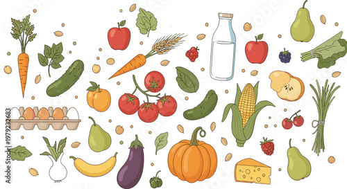 Fresh Farm Food Collection with Fruits Vegetables Dairy Eggs and Grains for Organic Nutrition Cooking Ingredients and Healthy Eating Illustration.
