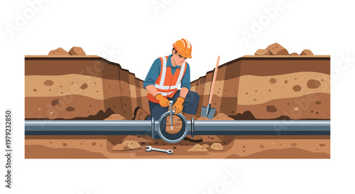 Diligent construction worker wearing high-visibility safety gear repairing a large underground pipe with a wrench inside a deep excavated trench during daytime.