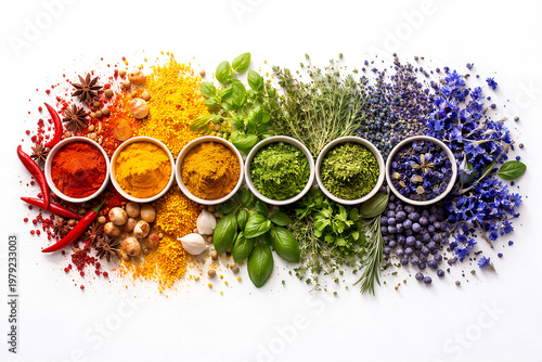 Rainbow Spices Flat Lay Color Gradient Herbs Seasoning Background