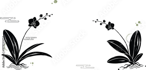 Orchid Flower Japanese Style Vector Illustration with Minimal Ink Floral Elements Asian Zen Botanical Design Isolated on Background